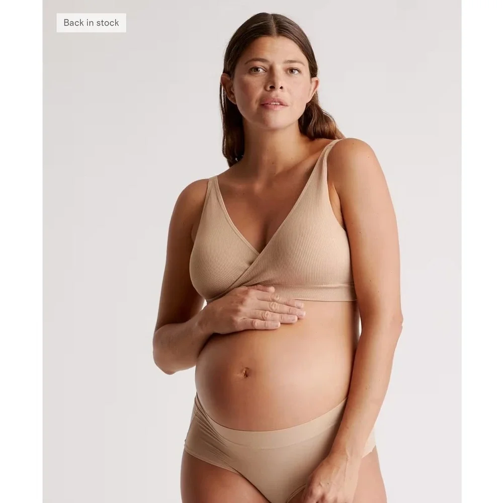 Quince Seamless Crossover Nursing & Lounge Bra (2-pack) Bralette M Beige ribbed
